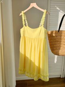 Comfortcana Women's Summer Vacation Casual Solid Color Spaghetti Strap Ruffle Mini Dress Sundress - Yellow - View 6