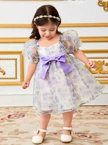 SHEIN Vestido elegante de media longitud para bebé niña con cuello cuadrado, mangas abultadas y decoración de lazo - Azul - Ver 5