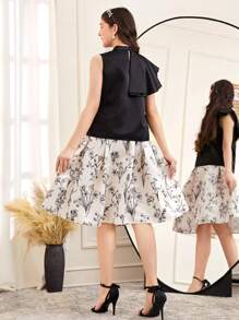 SHEIN 2件套少女舒适优雅泡泡袖蝴蝶结纯色衬衫和图案裙