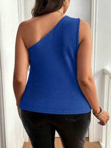 Flirla Plus Size Women Elegant Solid Color 3D Floral Decor One Shoulder Top - Royal Blue - View 2