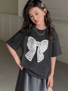 DAZY Tween Girl Round Neck Knit Short Sleeve Butterfly Print T-Shirt, Spring/Summer,Back To School Clothes - Dark Grey - View 2
