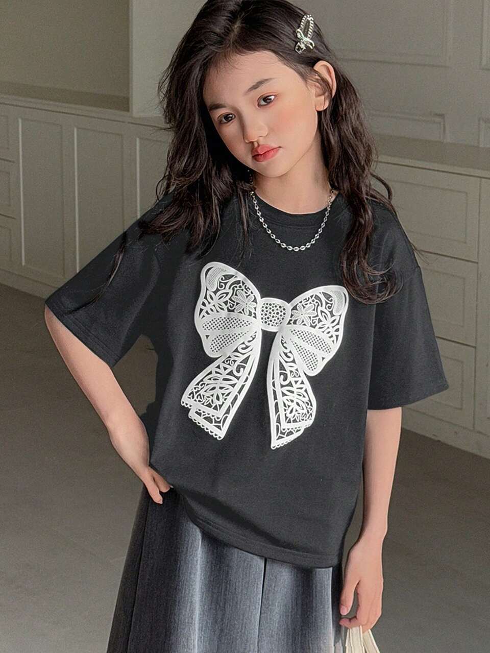 Tween Girl Round Neck Knit Short Sleeve Butterfly Print T-Shirt, Spring/Summer,Back To School Clothes