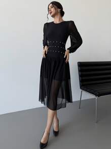 SHEIN Privé 女士优雅简约浪漫日常/工作珍珠装饰透明 A 字型中长黑色连衣裙，适合约会、开斋节、情人节 - 黑色 - 查看 4