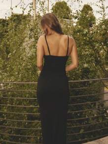 SHEIN Aralina-F 纯色细肩带镂空修身连衣裙 - 黑色 - 查看 2