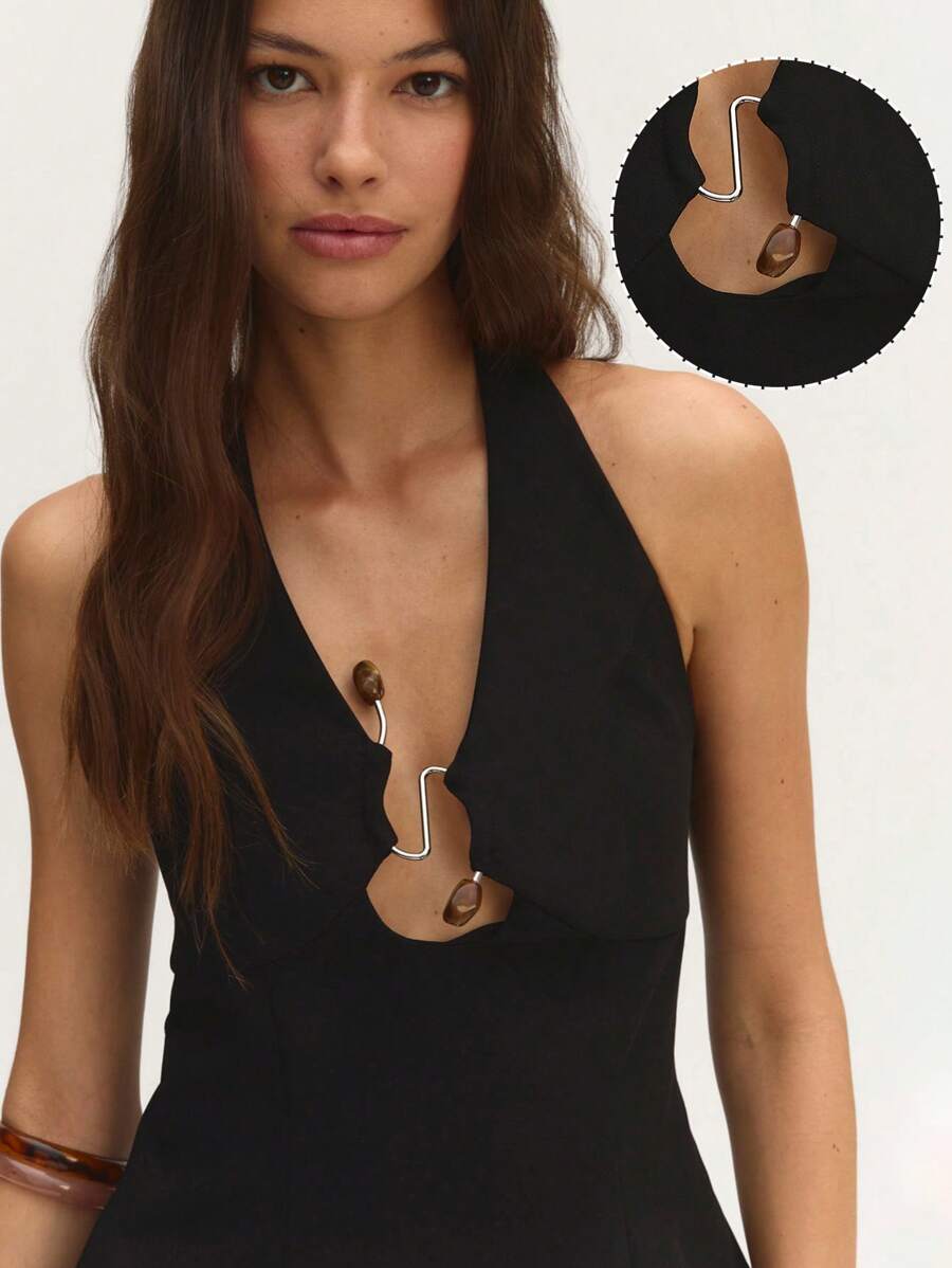 Nöista 夏季优雅亚麻露背上衣 亚麻露背上衣饰有矿物镂空。极简主义时尚爱好者的优质主打产品。 - 黑色 - 查看 1