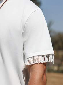 Genlund Camiseta blanca casual casual de hombre con decoración de flecos de unicolor - Blanco - Ver 3