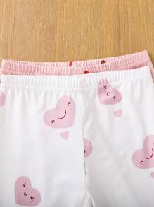 SHEIN Leap Crew 2pcs/Set Young Girl Knit Heart & Polka Dot Crew Neck Top And Knit Pants Loungewear Set - Dusty Pink - View 3