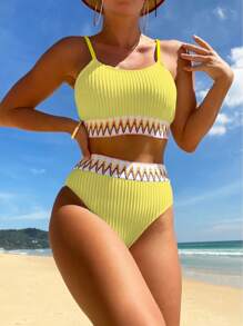 Swim Vcay Women's 2 Pieces Swimwear Spaghetti Strap Bikini Set With High-Waisted Bottom For Summer Beach Vacation - Yellow - View 3