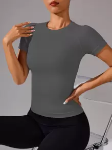 Easithlete Áo thun thể thao nữ liền mạch màu trơn tối giản, thích hợp cho tập yoga và tập luyện, áo bó sát, áo tập gym - Xám - Xem 3
