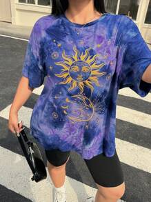 Muchica Áo thun cổ tròn tay ngắn in hình mặt trời nhuộm loang cỡ lớn cho nữ - Màu tím - Xem 4