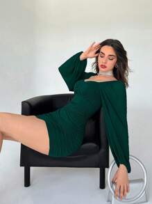 Aloruh Của phụ nữ Tay áo lồng đèn Xếp li Váy bodycon - Màu xanh lá cây đậm - Xem 5