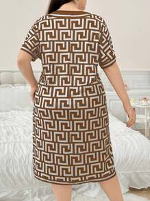 SHEIN Plus Size Geometric Pattern Casual Summer Nightgown, Minimalist & Fashionable - Brown - View 2