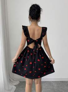 Rafferiza Elegant Random Heart Print Tie Back Backless Cap Sleeve Mini Dress - Red and Black - View 2