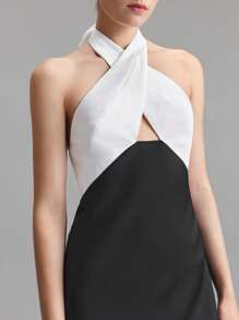 Ontre 女士无袖挂脖式拼色 A 字形连衣裙，塔夫绸轻质派对礼服，春夏