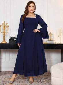 Modelyn 1 件女式大码荷叶边长袖系带修身雪纺连衣裙，春秋季长款女士装长款晚礼服