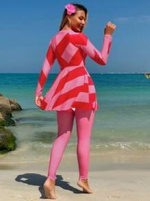 SHEIN Swim 2pcs/Set New Summer Printed Rash Guard & Leggings Swimsuit Set, Front Zipper Design Burkini (Licensed Product) - Multicolor - View 2