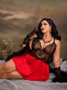 Plus Size Lace Patchwork Retro Vintage Full Coverage Lingerie - Red - View 5