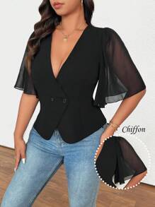SHEIN Unity Fashionable Spring/Summer French V-Neck Chiffon Patchwork Blazer Graduation,Back To School,Teacher Outfits For Women - Black - View 4