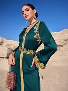 Al Najma Women's Elegant Ribbon Trim Arabian Dress,Modest - Dark Green - View 5