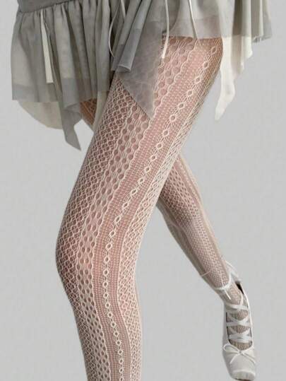 Kawaii Pantimedia de red de alta elasticidad con estampado de flores blancas