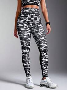 Powerista 瑜伽健身网眼拼布大理石纹印花口袋缝线紧身裤 - 黑與白 - 查看 7