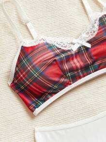 2 piezas Conjunto de sujetador y falda con encaje a cuadros para adolescentes, para Navidad - Rojo - Ver 3