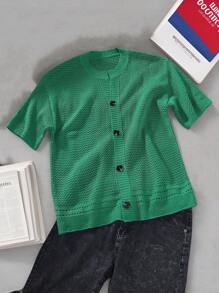 Claim Dot Maglione casual in maglia a maniche corte con bottoni e tinta unita, minimal, da uomo - Verde - Visualizzare 1