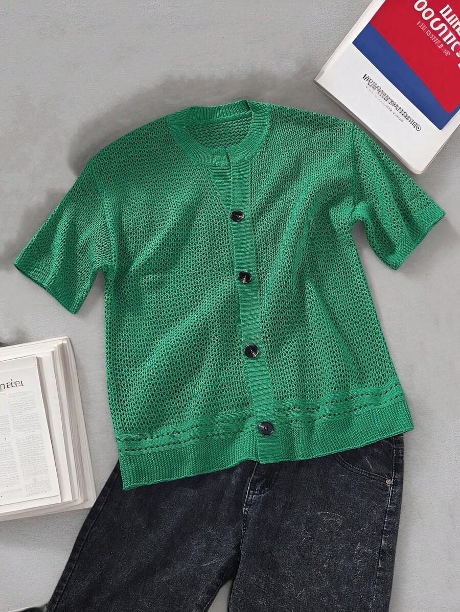 Claim Dot Maglione casual in maglia a maniche corte con bottoni e tinta unita, minimal, da uomo - Verde - Visualizzare 1