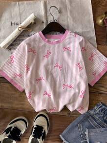 SHEIN Cute Striped Bow Print, Pink, Tween Girls Casual Minimalist Short Sleeve Crew Neck T-Shirt, Suitable For Summer