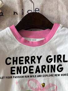 SHEIN Leap Crew 2 件可爱蝴蝶结和樱桃印花休闲少女短袖 T 恤和短裤套装，适合夏季 - 彩色 - 查看 5