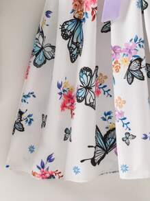 SHEIN Girls Ribbed Top & Rose Pattern Woven Fabric Print Summer Holiday Party Dress - Purple - View 3