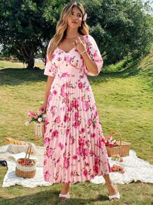 Franclia Vestido estampado de talle alto y plisado elegante francés para mujer talla grande