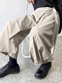 Manfinity Roghcode Fashionable Tie Waist Pleated Elastic Waist Wide Leg Solid Color Pants - Beige - View 3