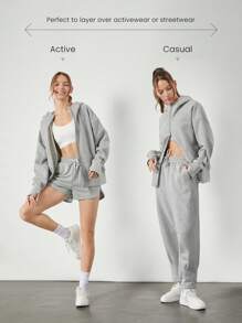 GLOWMODE 柔软亲肤超大版型全拉链连帽衫，带袋鼠口袋拇指孔，日常休闲装