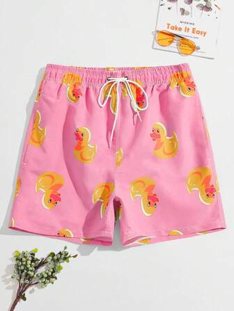 سروال السباحة للرجال بطباعة بطة كرتونية عشوائية، هاواي