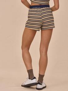MUSERA Mid Rise Elasticated Waist Embroidered "" Striped Woven Hotpant Shorts Summer Chic Elegant - Coffee Brown - View 5