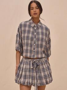 MUSERA Boxy Fit Collared Button Up Plaid Flannel Cropped Mid Sleeve Shirt Spring Summer Cute Street Style