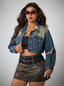 SHEIN ICON Street Fashion Washed Distressed Short Denim Jacket - Dark Wash - View 4