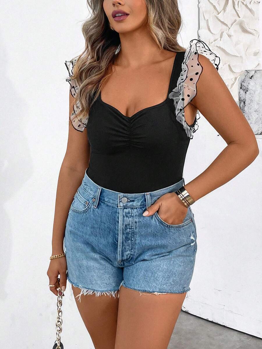 SHEIN Clasi Plus Size Women Solid Color Ruffled Collar Mesh Overlay Cap Sleeve Elegant Bodysuit, Beach Outfits - Black - View 1