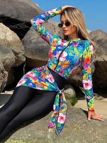 SHEIN Swim 2PCS Summer Tropical Leopard Print Random Pattern Long Sleeve Swimsuit And Printed Beach Skirt Burkini Set - Multicolor - View 1