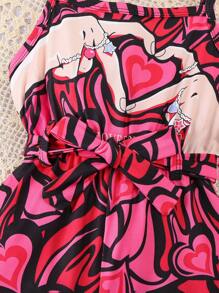 Mono informal de verano para niñas pequeñas de 4 a 7 años, estampado con corazones graffiti, de cintura estrecha y pierna corta