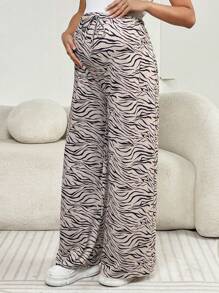 SHEIN Maternity Zebra Stripe Tie-Up Elastic Waist Loose Fit Pants - Khaki - View 3