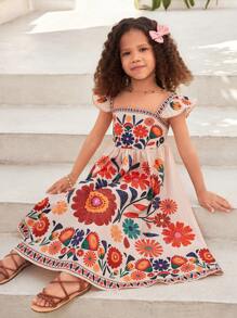 SHEIN SLAYR KIDS Young Girl Vacation Casual Floral Print Square Neck Ruffle Hem Form-Fitting Dress Young Girls Summer Dress Young Girls Clothing Dress Young Girls Spring Dresses Young Girl Spring Dress Youth Girl Dress,Vacation,Spring And Summer Suits Summer Dresses For Girls Boho Dress Kids Girls Boho Dress Young Girls Dresses Girls Boho Dresses Dresses Kids Boho Holiday Outfits - Multicolor - View 2