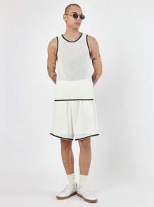 SUMWON Setelan Tank Top Rajut Bertekstur Premium untuk Musim Panas, Pakaian Olahraga Santai, Dua Potong Tanpa Lengan untuk Latihan Basket, Setelan Jala dengan Trim Kontras, Pakaian Olahraga Urban Modern - Krem - View 5