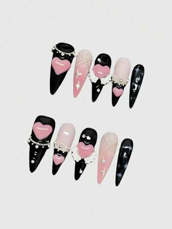Kawaii Pegatinas para uñas con forma de alas de corazón dulce estilo Kawaii Y2K, cadena romántica francesa y degradado. Decoraciones de arte de uñas hechas a mano adecuadas para uso casual.