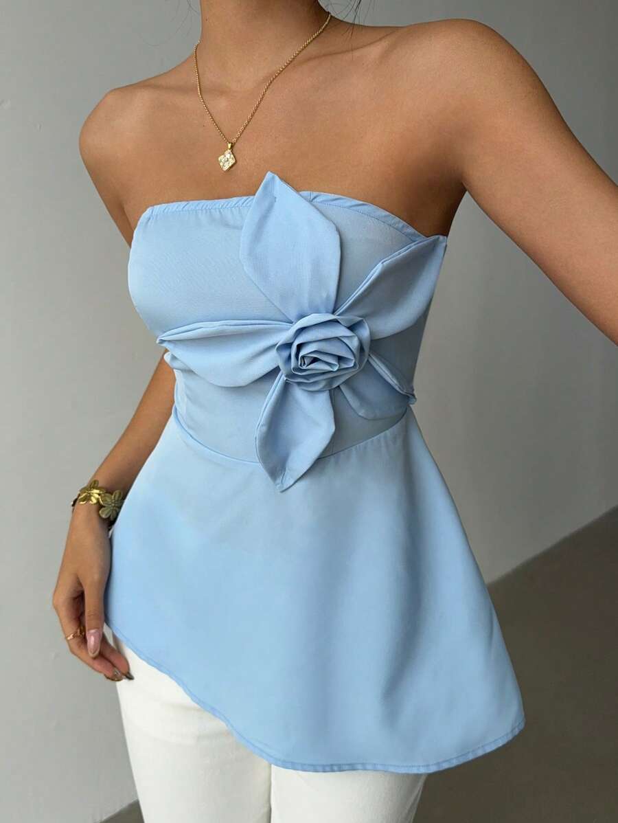 Chiquease Damen elegante, lässige einfarbige 3D-Blumen Unregelmäßiger Saum ärmelloses Top