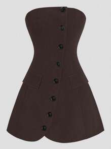 Lunelith SHEIN Lunessa Women's Plain Color Casual Bandeau Dress And Collared Jacket Suit Design, Autumn/Winter