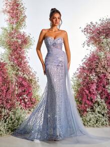 Glamrae 优雅浅灰色露肩网眼透视奢华亮片撞色网眼垂坠鱼尾拖尾长款晚礼服，派对礼服，婚礼宾客礼服，正式礼服，晚礼服 - 淺灰色 - 查看 4