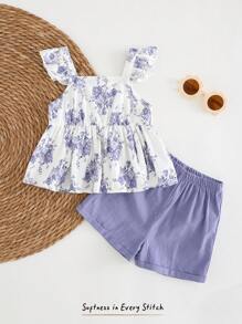 Cozy Pixies Baby Girl 2pcs/Set Floral Print Halter Ruffle Top And Elastic Waist Shorts Set