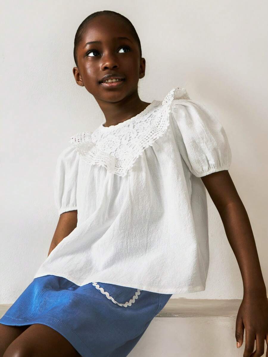 SHEIN 年轻女孩蕾丝领泡泡袖宽松白色衬衫 - 白色 - 查看 1